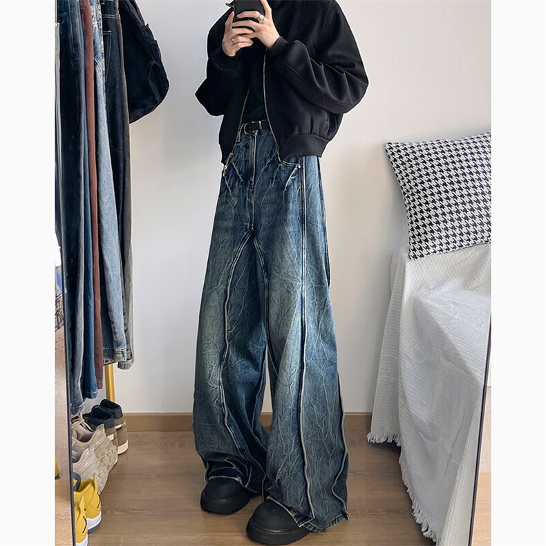 闪电纹水洗弯刀牛仔裤男女美式复古阔腿裤潮牌小众炸街痞帅镰刀裤，男装牛仔裤，电商A001