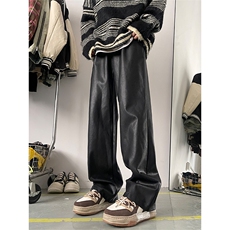4秋冬直筒显瘦黑色PU皮皮裤宽松百搭阔腿裤男XZ211-1-K2349-P65，男装皮裤，星座211-1