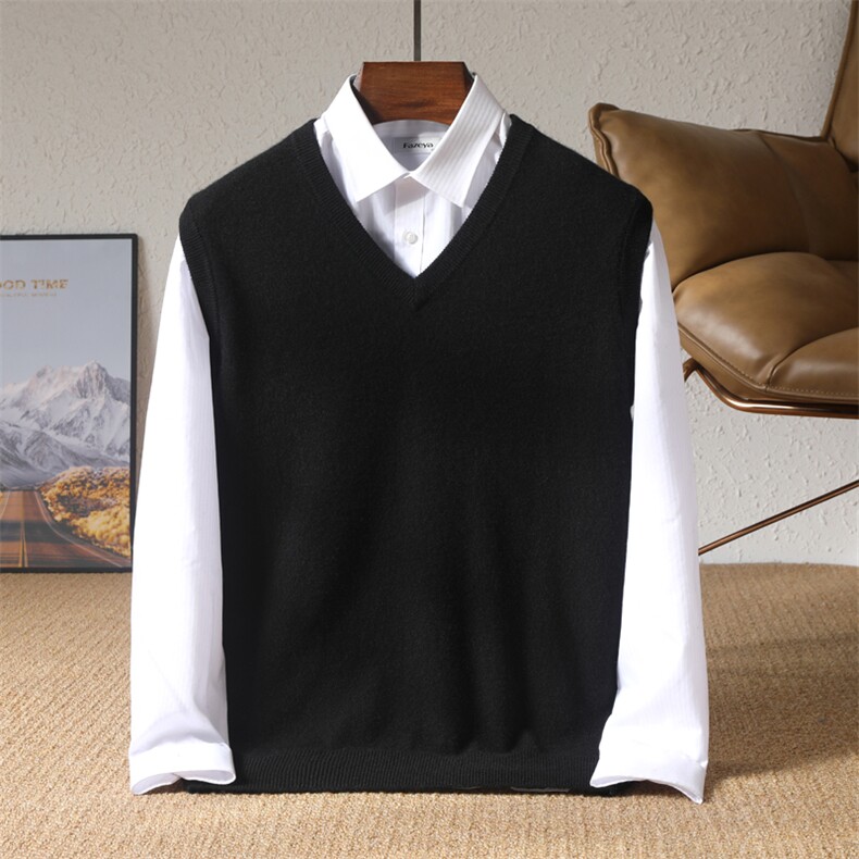 秋冬羊毛马甲男士V领无袖毛衣背心坎肩宽松针织打底衫，男装背心/马甲，冬季工坊