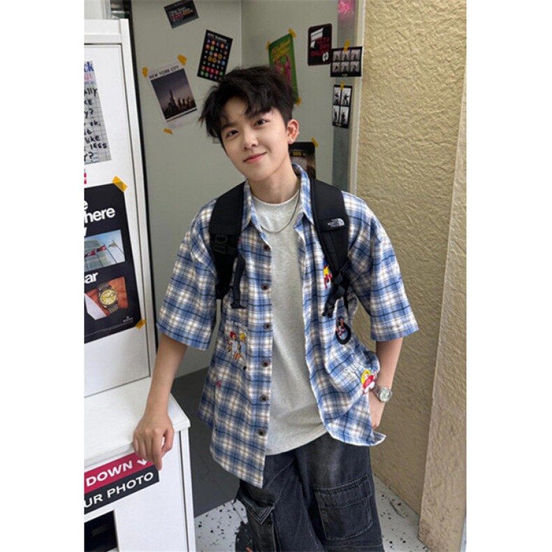 嘻哈格子刺绣短袖衬衫男女同款休闲宽松衬衣阳光绣花C929,男装衬衫,星座1116A（原606A-3）