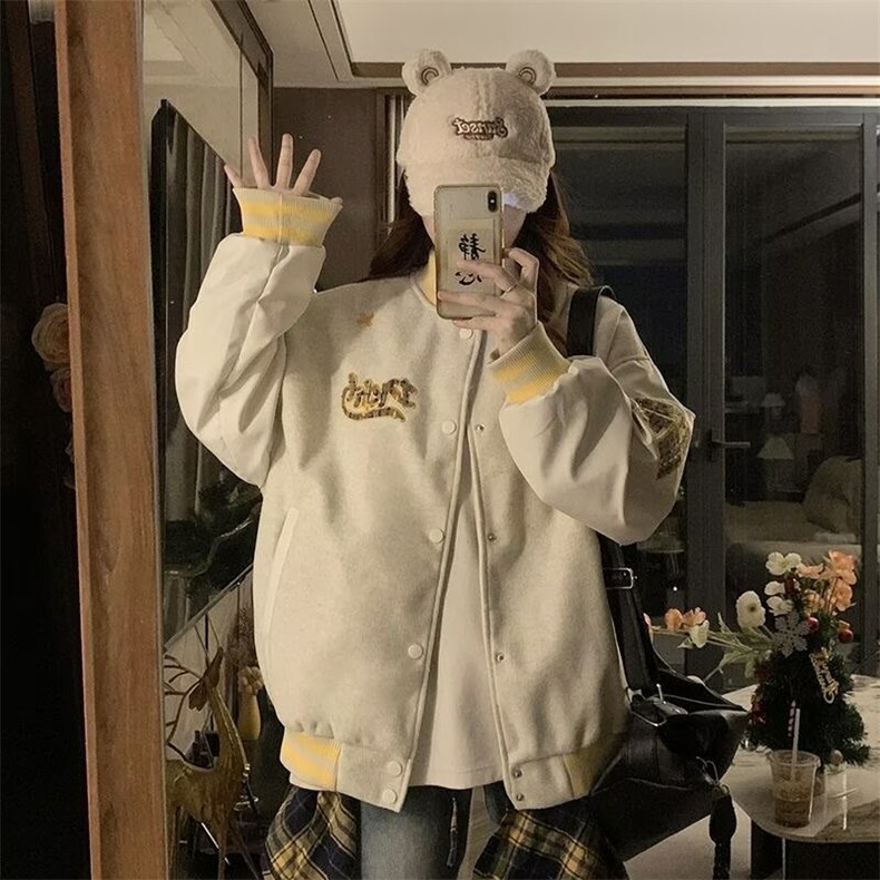 A538-P88秋季港风上衣加厚皮袖双层内里棒球服学院风男女同款,女装职业装,星座911