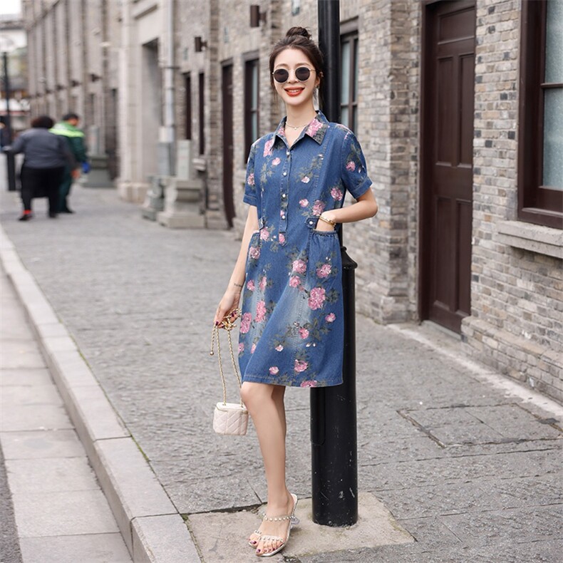 时尚牛仔印花连衣裙修身显瘦高腰A字裙夏季新款,女装连衣裙,秋水欣儿