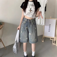 300斤大码胖mm星星牛仔短裤女夏季新款梨形身材显瘦阔腿五分裤子，男装牛仔裤，星座1210-1