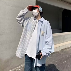 设计感小众条纹拼接长袖衬衫男潮牌学院风情侣上衣外套S36/P40，男装衬衫，星座506