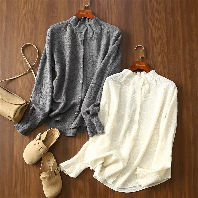 2025年秋季时尚百搭通勤简约休闲花边领开衫，女装羊毛衫，晨旭羊绒