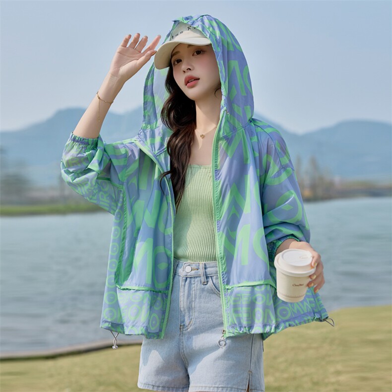 时尚字母印花防晒衣女薄款2025夏新款大码宽松百搭透气外套防晒服，女装防晒衣，悦祺