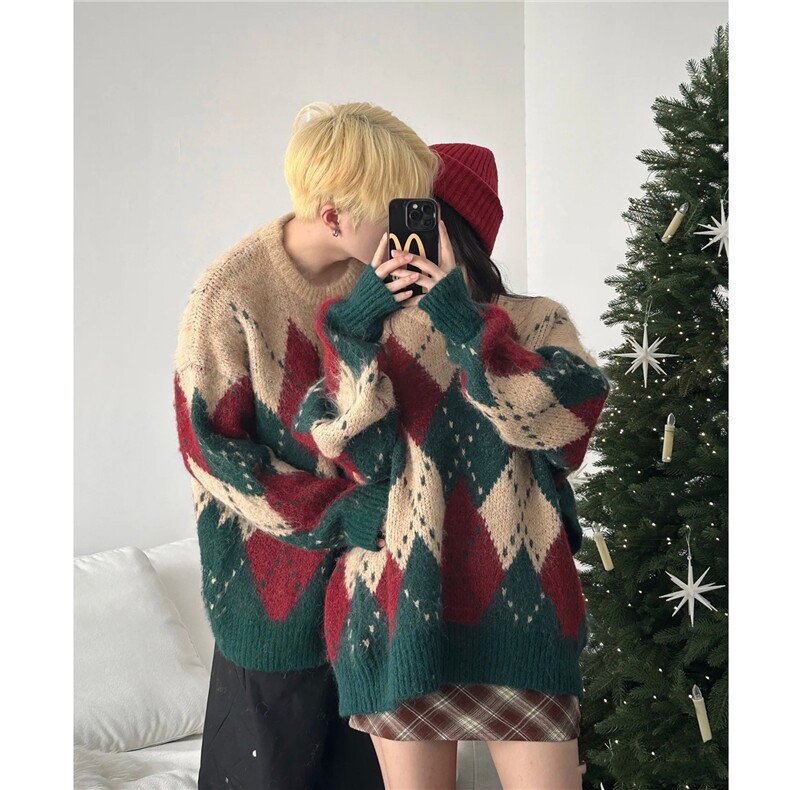 网图复古情侣圣诞毛衣慵懒针织衫加厚上衣外套男女H1035P55,男装针织衫/毛衣,电商A341