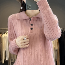 时尚女士Polo领加厚羊毛衫羊毛保暖显瘦针织衫，女装羊毛衫，暮绒羊羊绒