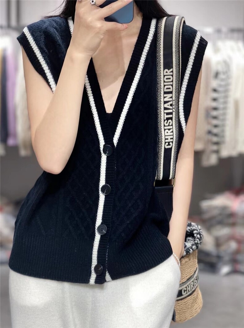 女士秋季新款简约百搭拼色扭花坎肩开衫无袖,针织衫/毛衣,悦玛羊绒
