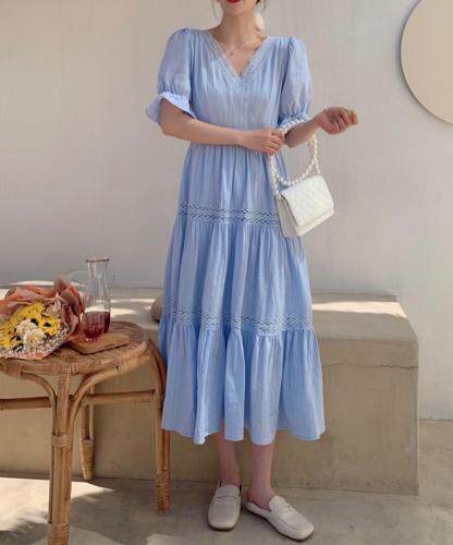 棉布刺绣v领连衣裙，女装连衣裙，新袖