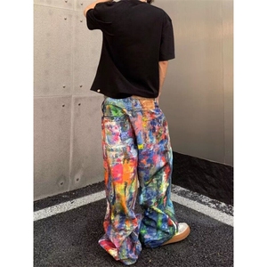 网图美式潮牌泼墨涂鸦牛仔裤男士宽松直筒复古油画风长裤阔腿裤子图片