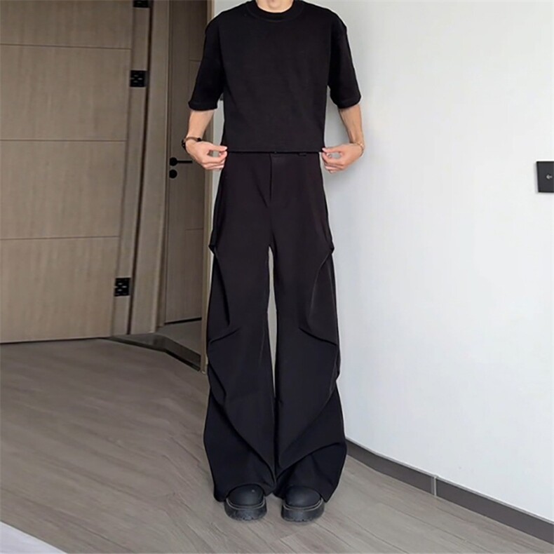 美式cleanfit褶皱西裤子男2025秋季新款潮牌宽松微喇垂感休闲长裤,男装西裤,星座1210-1