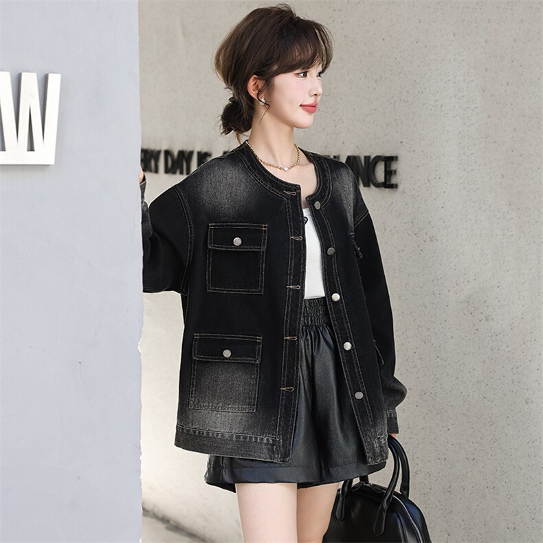 欧货圆领长袖牛仔外套女早秋新款设计感四口袋中长款美式短外套潮，女装牛仔外套，跑量工厂店