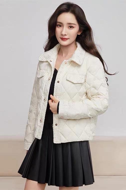 2022新款明星同款洋气拼接小香风90%白鸭绒羽绒服,女装羽绒服,L·H·X