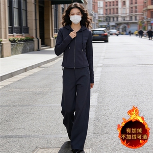 休闲运动套装女秋冬新款纯色拉链开衫卫衣抽绳阔腿长裤显瘦两件套图片
