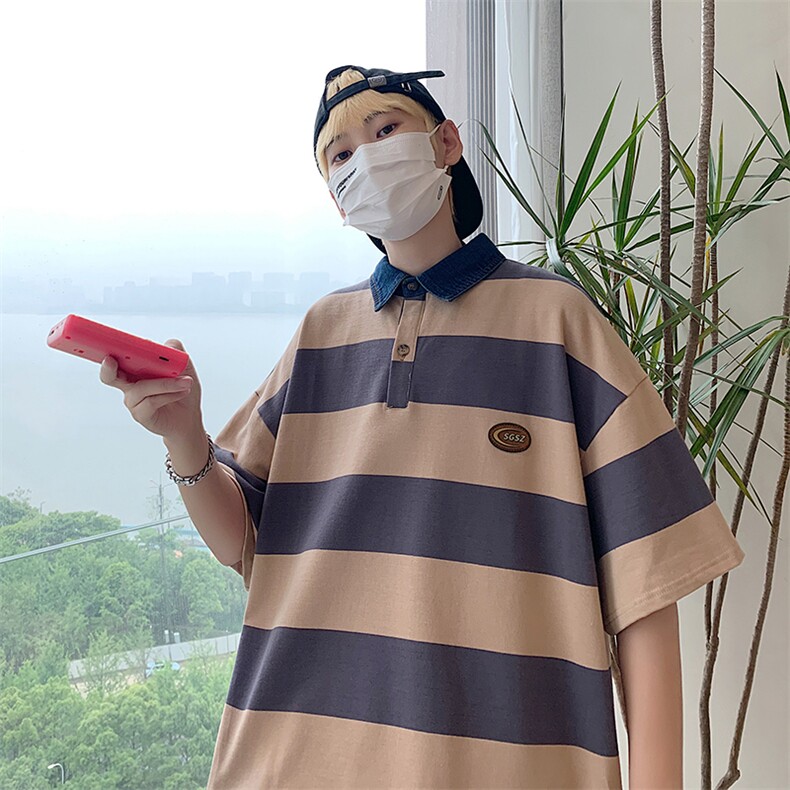 夏季港风潮流条纹撞色宽松短袖T恤男百搭翻领polo衫T1170-P31,男装Polo衫,星座512-2