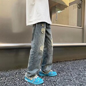 韩版潮牌破中性计牛仔裤潮夏季港风宽松阔腿乞丐裤子男N7228-p45图片