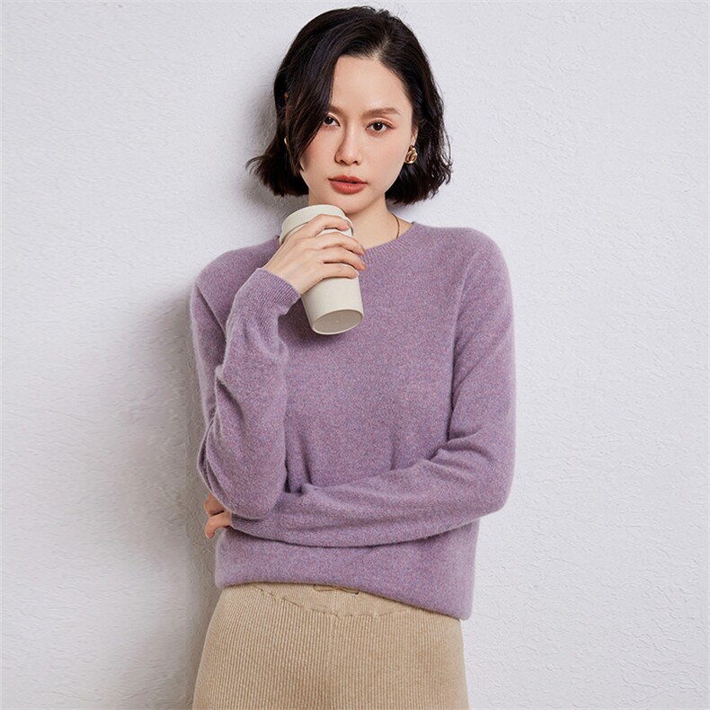 优雅女士羊毛圆领毛衣简约百搭显瘦长袖针织衫,女装羊毛衫,温伦斯特羊绒
