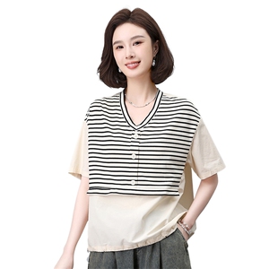 时尚条纹拼接短袖衬衫女宽松显瘦V领上衣夏季新款百搭休闲女装图片