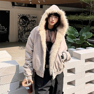 现货高品质美式高街冬季重磅硬挺短款座山雕毛领棉衣男女加厚外套图片