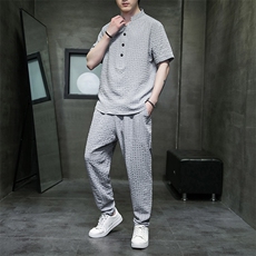 风薄款短袖时尚暗纹小方格提花薄款透气套头长裤套装TZ313，男装T恤，星座305A（原312A-1）