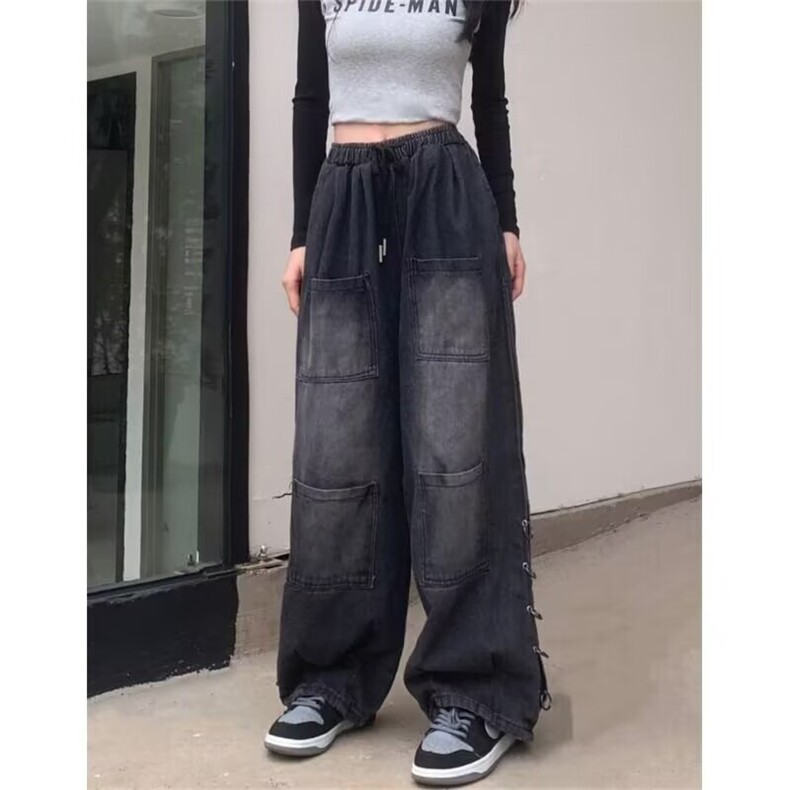 嘻哈潮牌高街拖地阔腿牛仔裤设计感宽松大码美式复古直筒工装长裤,男装牛仔裤,星座506A