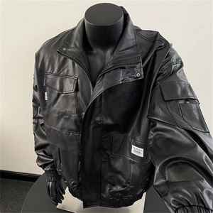 潮机能多口袋工装皮衣外套男士帅美式宽松皮夹克机车服W6330-P81图片