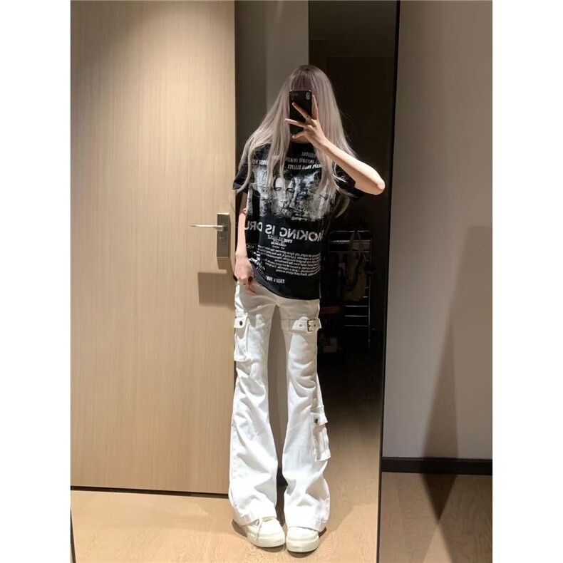 美式复古白色多口袋绑带微喇牛仔裤女辣妹设计感修身显瘦马蹄长裤,男装牛仔裤,星座1210-1