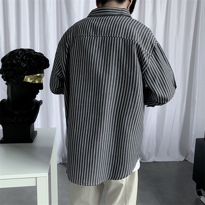 男士七分袖个性显瘦休闲中袖青年衬衫新款港风宽松条纹衬衣图片