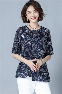 时尚潮流舒适蕾丝衫/雪纺衫2024年夏季花版不规则短袖圆领气质图片