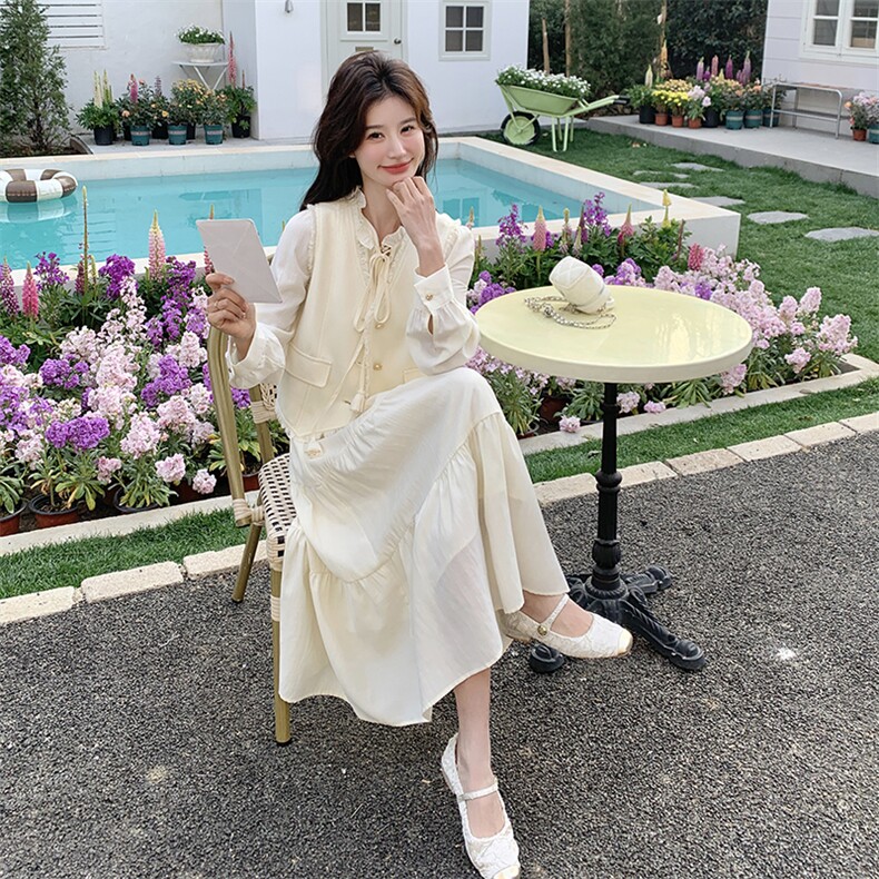 两件套春季挂脖款长袖纯色连衣裙甜美法式复古裙子小香风春秋显瘦,女装套装/套裙,浪娴服饰