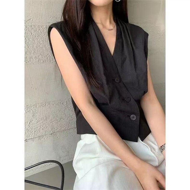 2025法式V领亚麻无袖衬衫女上衣，女装衬衫，翩雅女装供货