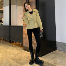欧洲站设计感抽绳收腰短款风衣外套女秋新款英伦风双排扣休闲上衣,女装短外套,梦懿尔
