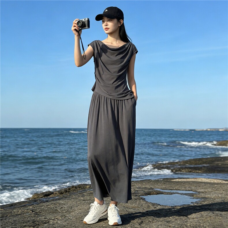 个性简约时尚套装裙女夏季新款圆领褶皱设计短袖上衣半身裙两件套,女装套装/套裙,江南