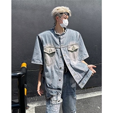 GC8888-P60垫肩洗水牛仔马甲男2026新款毛边机车潮牌坎肩外套，男装工装外套，电商C233