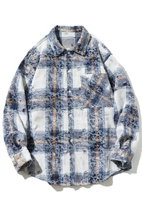 白底-宽松港风ins扎染格子长袖衬衫男 9021-P48图片