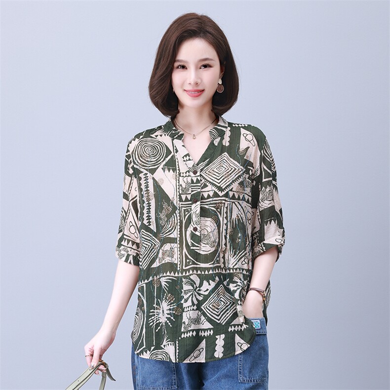 时尚宽松拼接印花镶钻短袖上衣 显瘦百搭气质女装衬衫图片