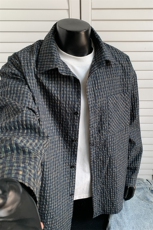 新款纹理感泡泡纱格子翻领大码宽松衬衫外套男C5469-特P38控75，男装衬衫，电商A001
