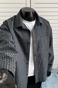 新款纹理感泡泡纱格子翻领大码宽松衬衫外套男C5469-特P38控75图片