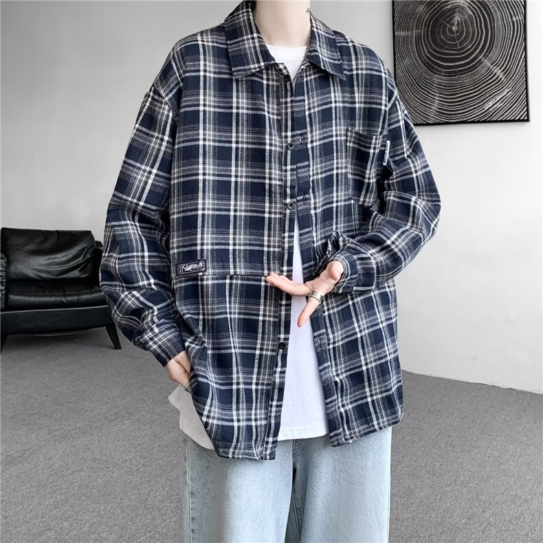 长袖格子衬衫男装春秋季日系休闲复古格纹衬衣外套上衣CR18,男装衬衫,星座1116A-1（原606A）