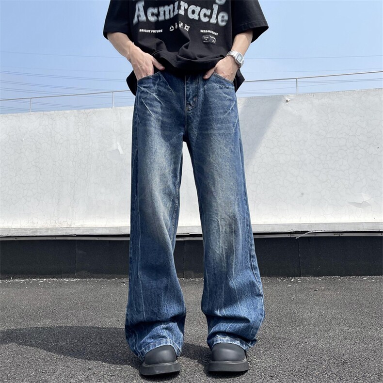 港风夏男牛仔裤微喇叭刀割渐变色直筒宽松长裤NK0921P45，男装牛仔裤，星座1013-1