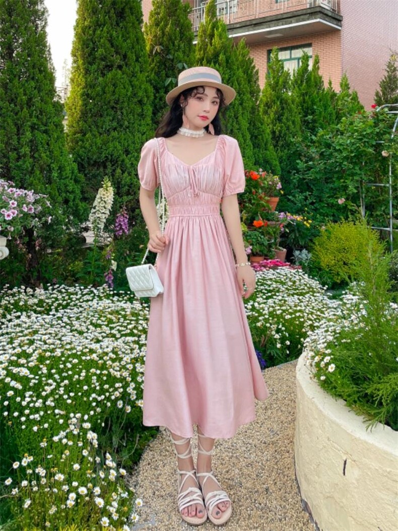 夏季清新连衣裙净色，女装连衣裙，安玖拉