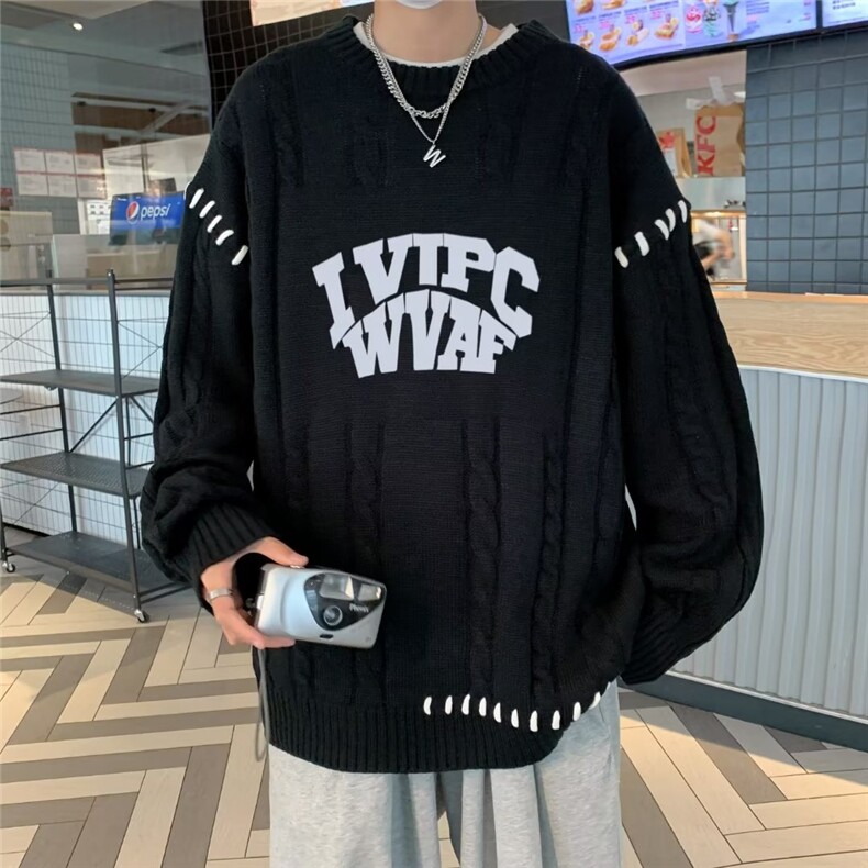 毛衣男日系潮牌潮流宽松高级感情侣刺绣圆领针织衫毛线衣图片