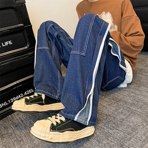 美式复古牛仔裤男阔腿vibe潮高街裤子设计感拼接工装裤H3087-p45图片