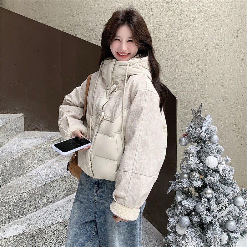 毛呢拼接羽绒服女冬季2025新款连帽保暖夹棉好看短外套,女装羽绒服,2C218