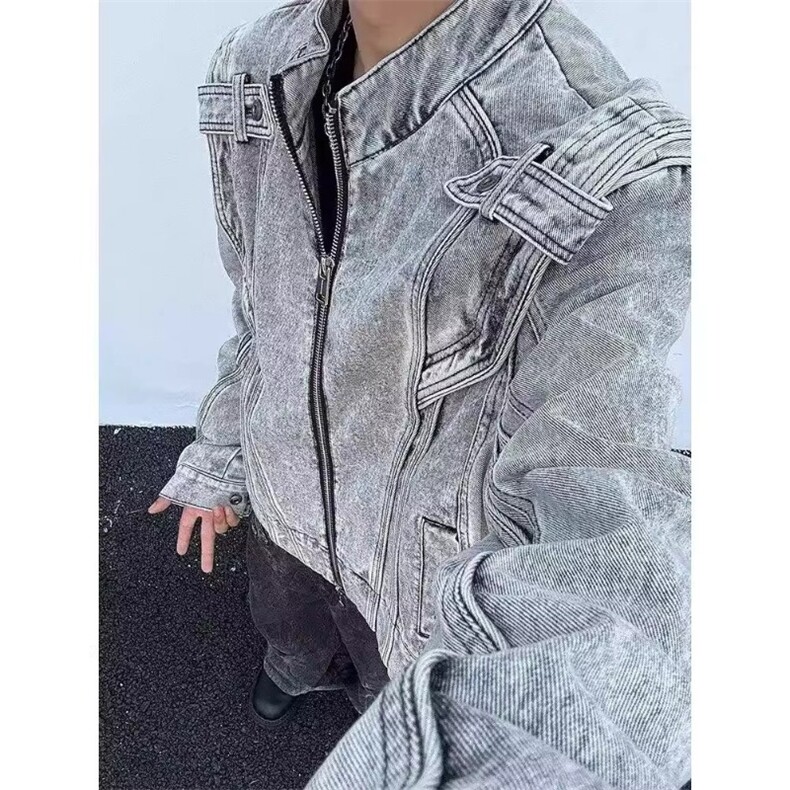 美拉德复古重磅解构机车水洗短款牛仔外套男秋季小众设计感夹克衫,男装工装外套,星座1210-1