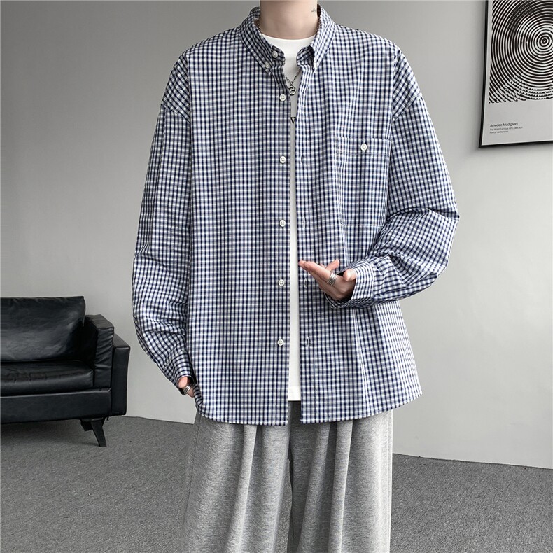8XL-M miu系穿搭复古蓝格子衬衫男宽松纯棉长袖衬衣男 CS540-P45图片