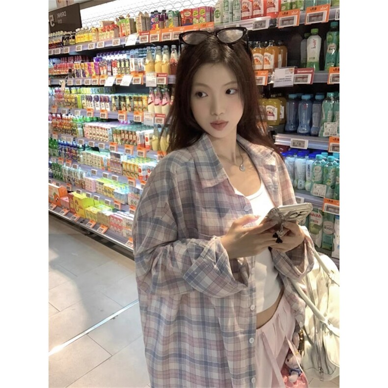 韩系慵懒风格子衬衫女大码中长款休闲外套上衣设计感长袖空调衫夏,男装衬衫,星座506A
