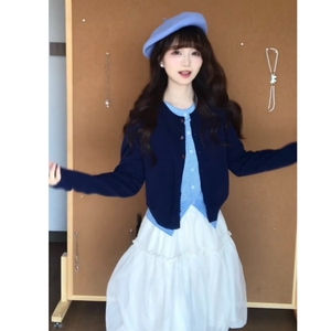 2025秋冬纯色开衫拼接假两件毛衣女宽松美式学院风针织外套图片