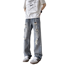 美式高街ins小众破洞弯刀微辣牛仔裤货号K755P6078，男装牛仔裤，电商A063